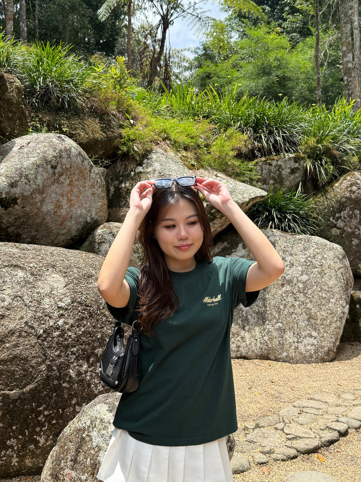 Alderhall Golf Matcha Tee Worn by Model in the Nature
